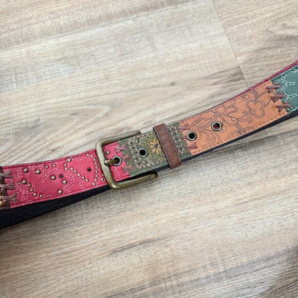 Fossil Leather Patchwork Belt Boho Multicolor  Funky Festival - Picture 2 of 8